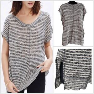 MADEWELL Top Gray Striped Short Sleeve Split Hem Linen Size Small